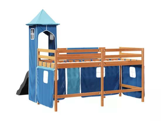 Lit mezzanine enfants avec tour bleu 90x190 cm bois pin massif