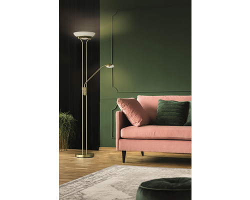 LED vloerlamp, metaal/glas, CCT + dimbaar, 28/5W, 2900/530 lm, 2700/3350/4000 K, warm wit/neutraal wit, HxØ 1,82 m, Pool TW, messingkleurig mat