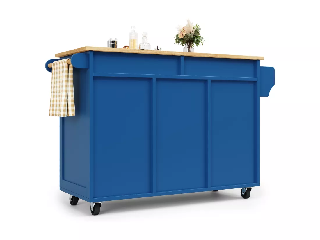 Ilot central de cuisine mobile avec 2 portes et 2 tiroirs - 102x45x92 cm - Bois MDF - Bleu et naturel