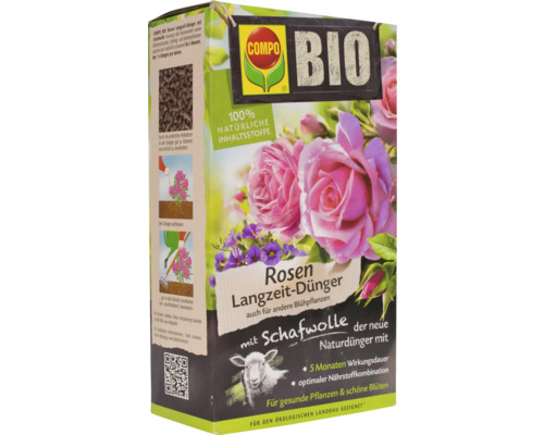COMPO BIO langzaamwerkende rozenmeststof met schapenwol, 100% natuurlijke ingrediënten, 2 kg, ook geschikt voor andere bloeiende planten, 5 maanden langzaamwerkende werking