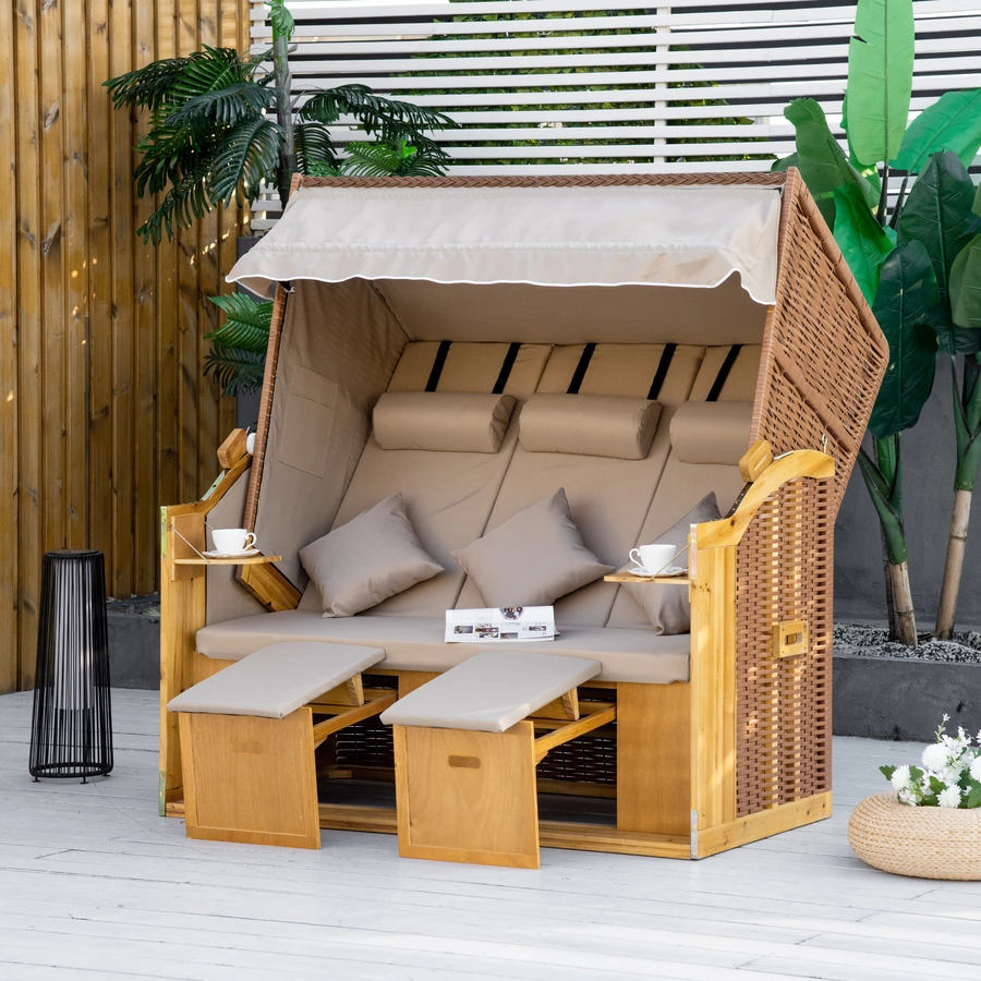 Outsunny Strandkorb mit Klapptischen, Fußstütze natur