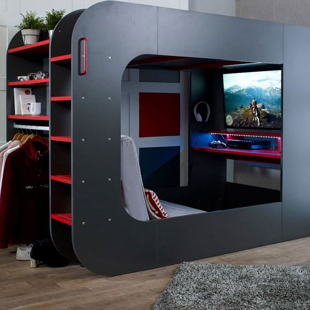 Cama alta para jogos PodBed cinza e vermelha com sofá cinza