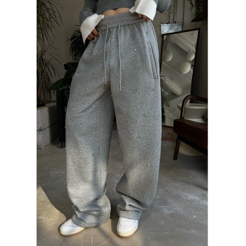 Rosesand - Hoge taille effen strass losse wijde joggingbroek