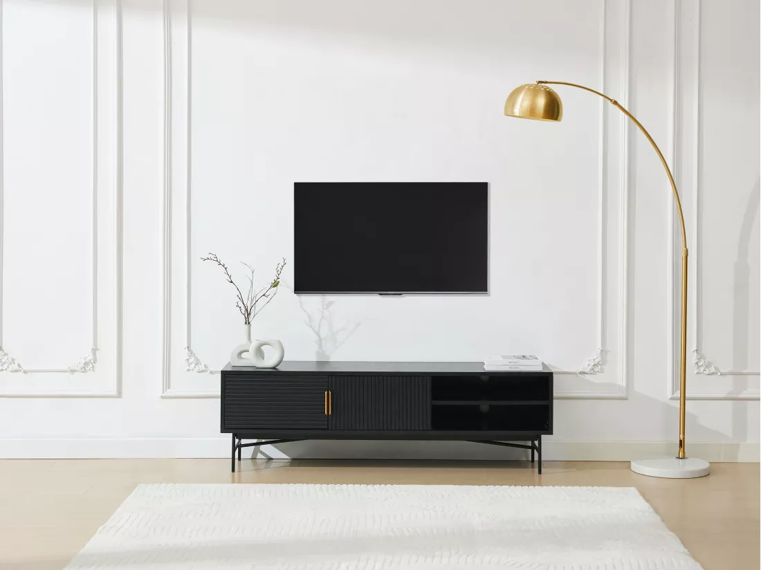 Meuble TV avec 2 portes et 2 niches placage chêne et métal - Noir et Doré - SIRIOLA