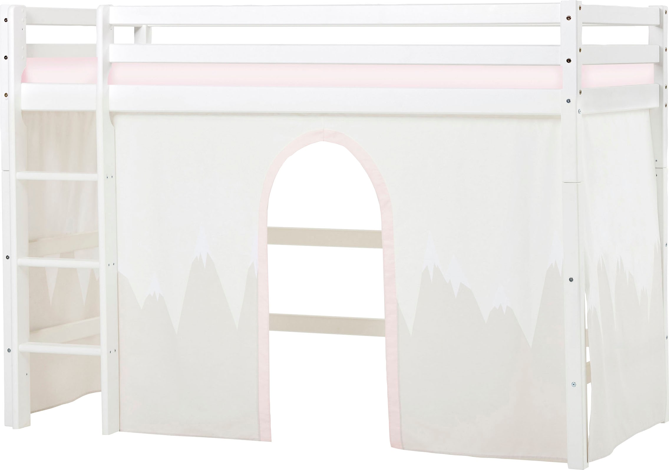 Hoppekids Hochbett »Winter Wonderland» 90x200cm mit Vorhang & Matratze« Set,  FSC® zert Massivholz, 10 Jahre Garantie auf Fertigungsfehler