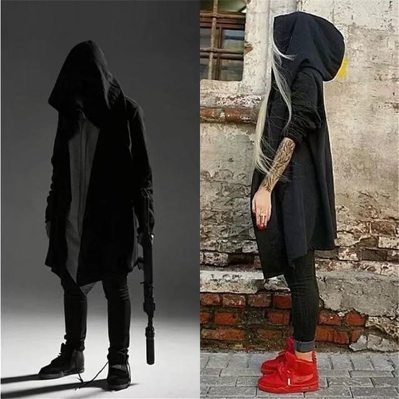 Lingaris - Effen asymmetrische lange jas met capuchon en open voorkant