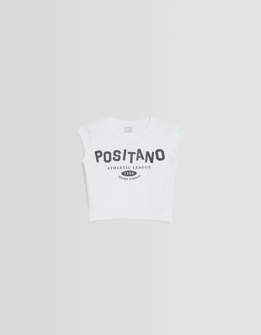 Camiseta cropped de manga curta com estampa