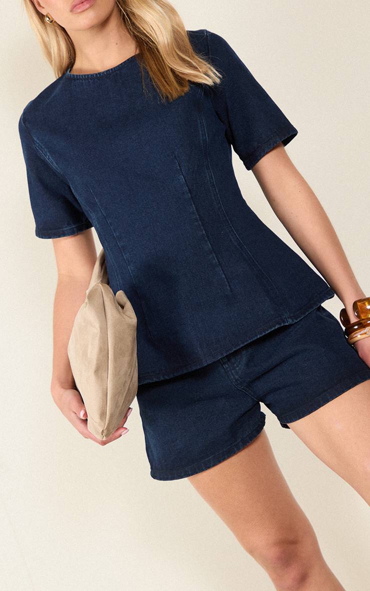 Bleu Indigo Foncé Haut En Denim Péplum Bordeaux Foncé Avec Taille Cintrée
