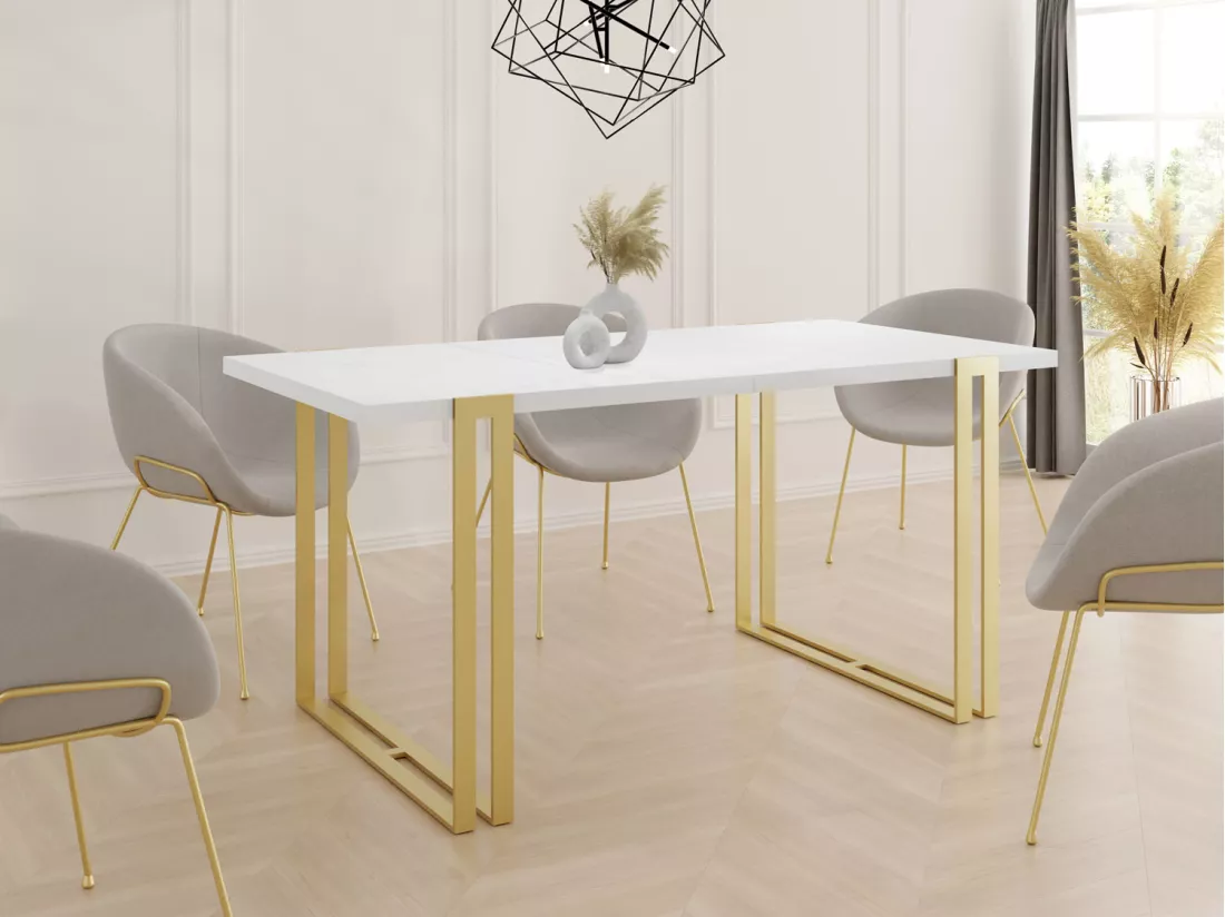 Table à Manger Extensible - Table Style Loft En Métal - Table Style Industriel Pour Le Salon - Gain De Place - 120 / 220 Cm - Blanc/doré - 120 X 80 Cm