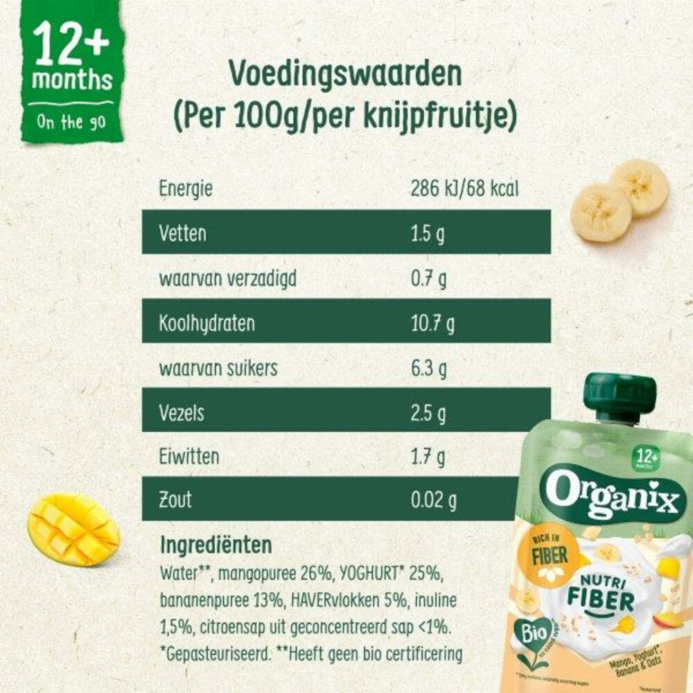 6x Organix Knijpfruit Nutri Fiber Mango Yoghurt Banaan 12+m100 gr