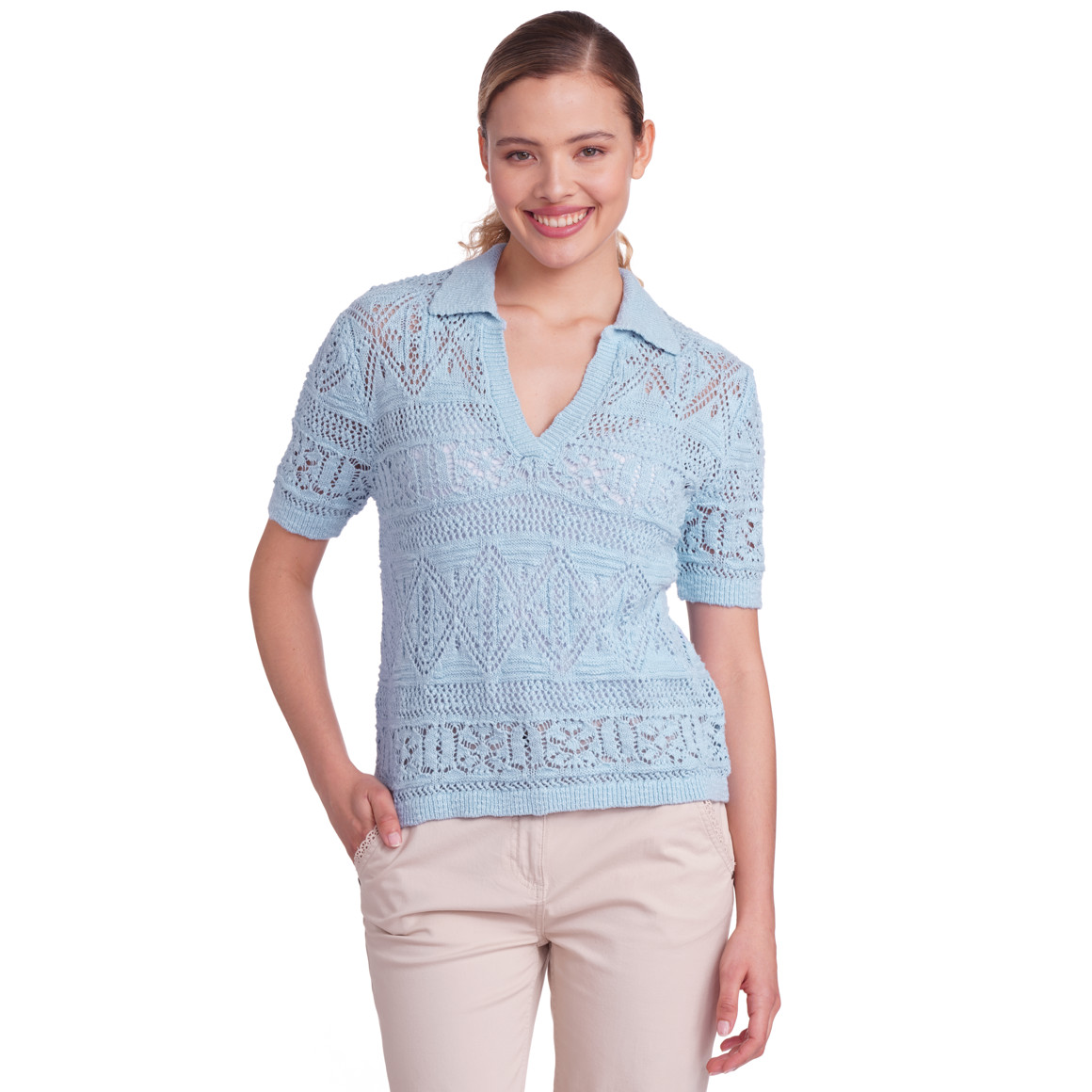 Gina Damen Strickshirt  mit Ajour-Muster hellblau