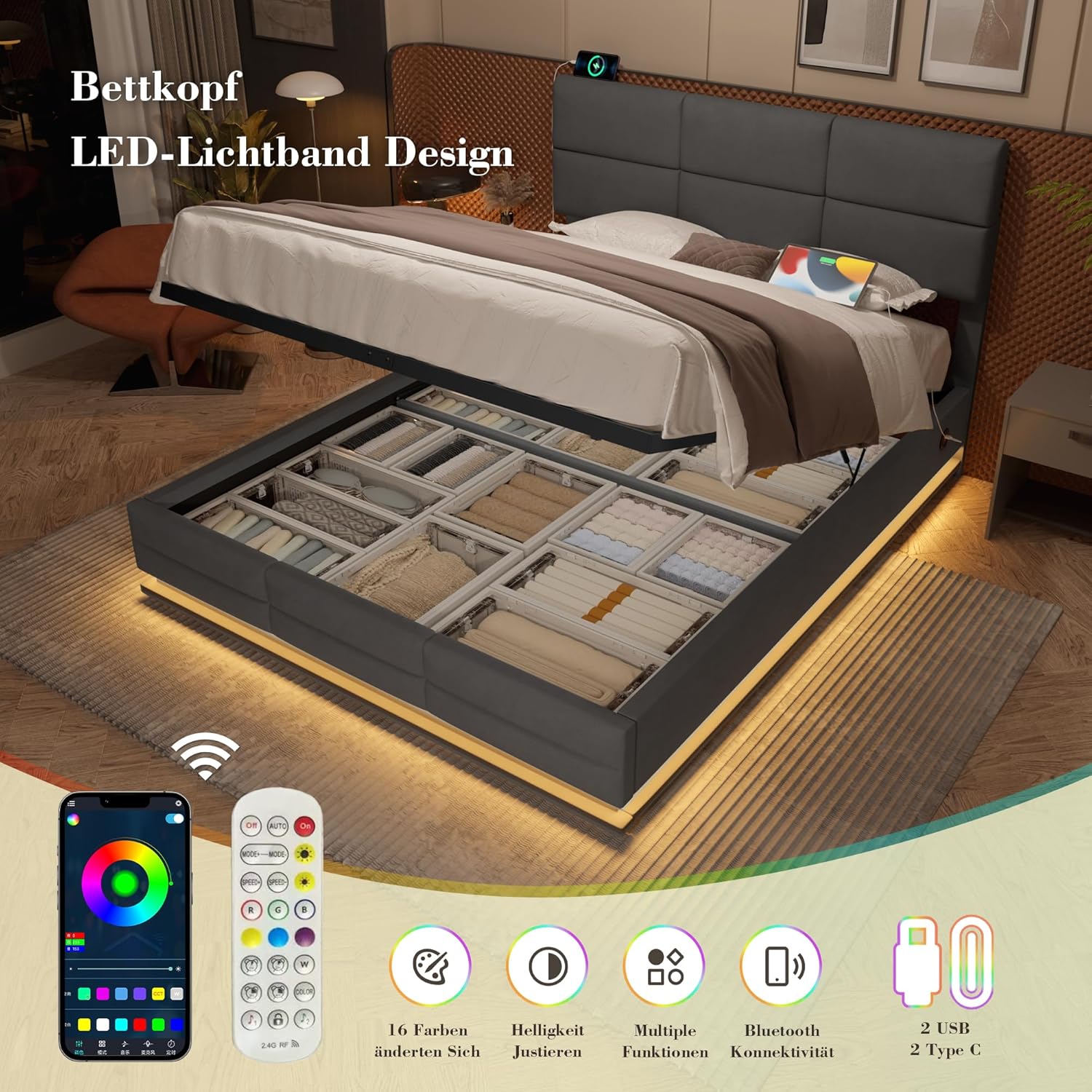 Polsterbett Doppelbett 180x200, LED Jugendbett Hydraulisches Stauraumbett mit Stauraum&USB Ladefunktion, Funktionsbett Bettgestell mit Höhenverstellbarem Kopfteil&Lattenrost, Samt, Ohne Matratze, Grau