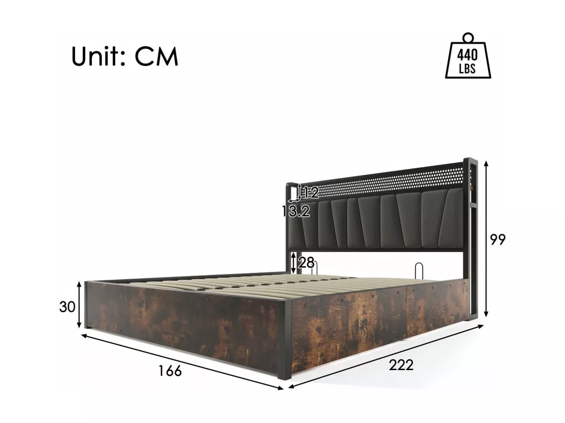 Lit double coffre 160x200cm+ matelas, avec LED et ports de charge USB, App contrôle, Gris