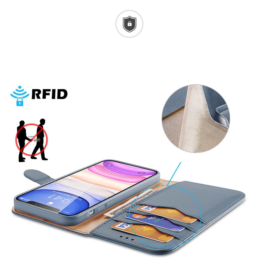 iPhone 11 Flip Wallet Cover Echtleder Tasche (RFID Schutz) - Blaugrau