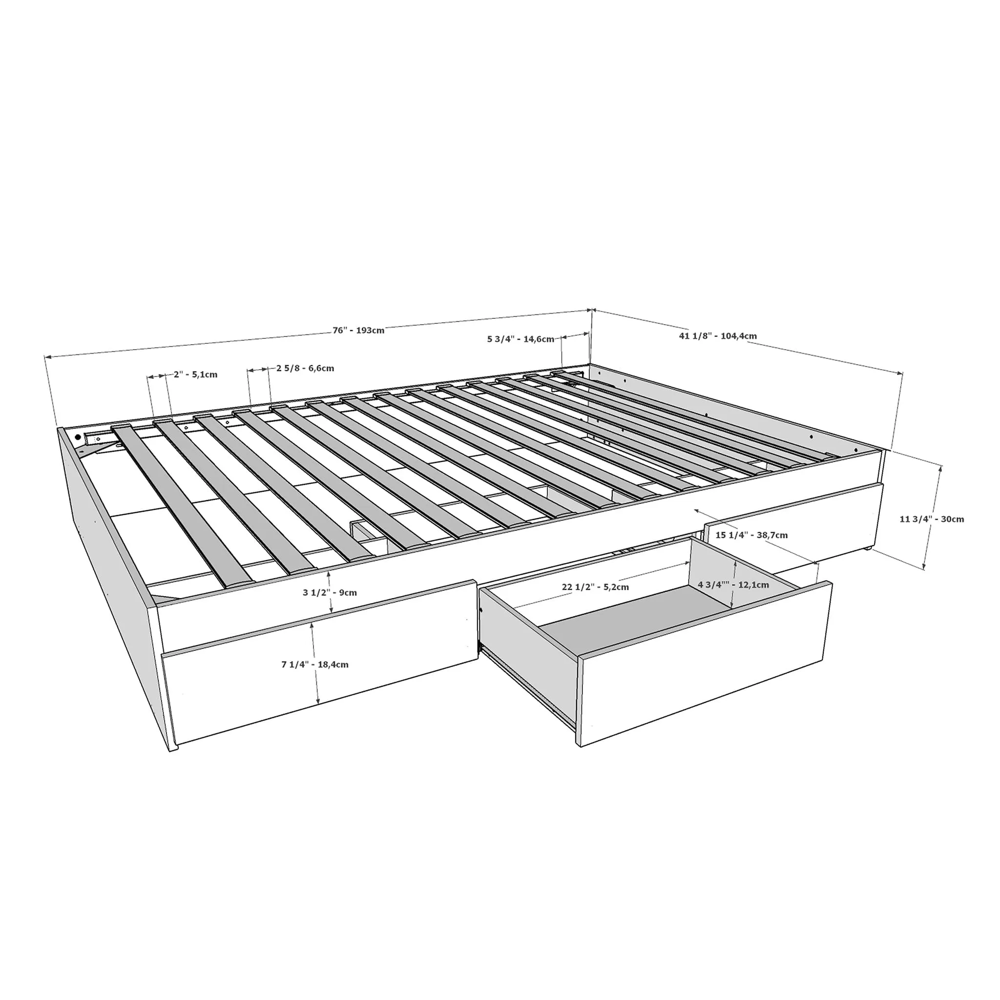 Nexera Lit Simple avec Tiroirs Pocono - Gris Écorce