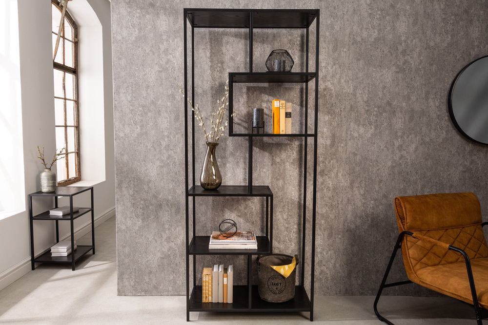Industrial Bücherregal SLIM LINE 185cm Esche schwarz sechs Regalböden