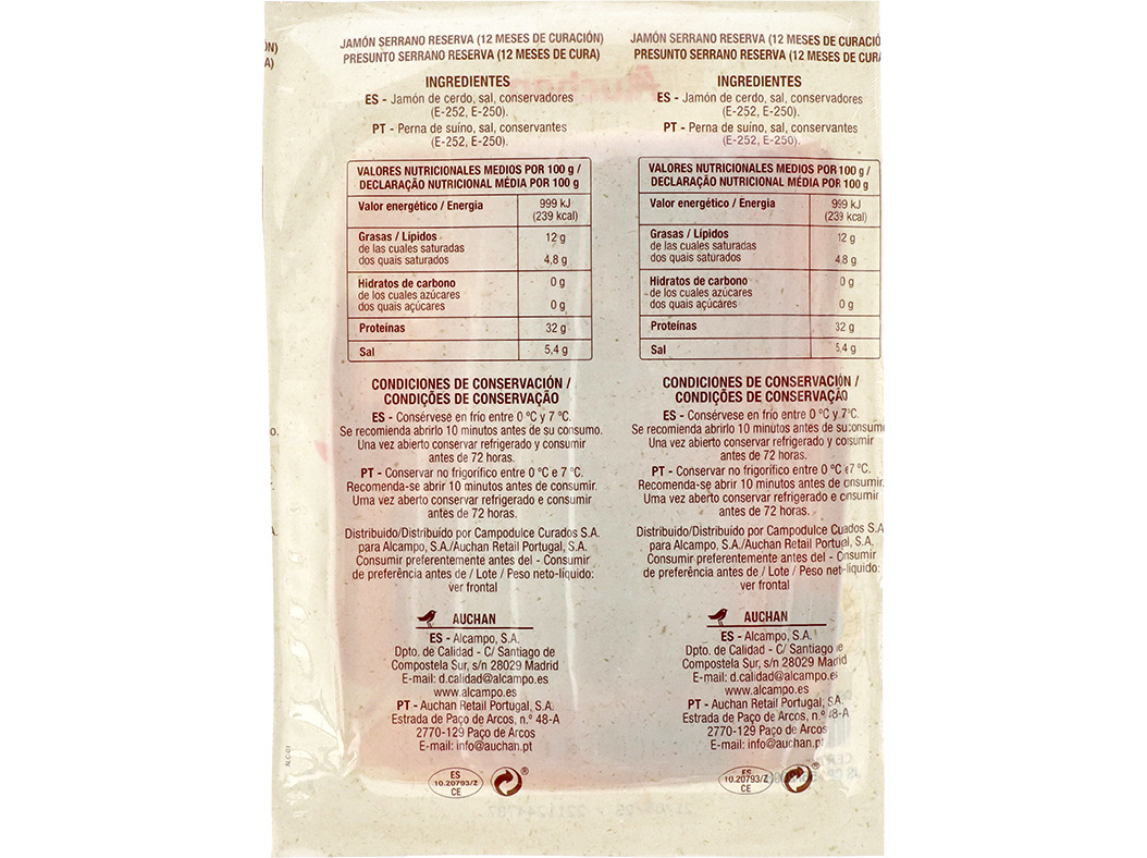 PRESUNTO SERRANO AUCHAN CURA 12 MESES FATIAS 120G