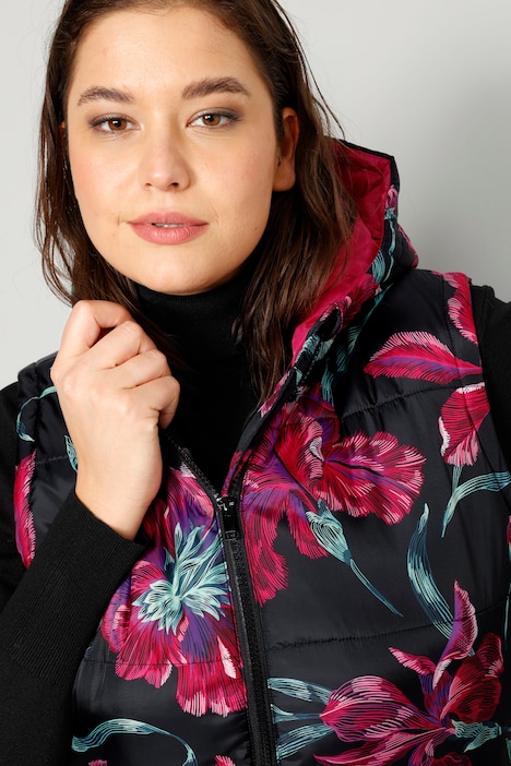 Long-Steppweste, Kapuze, Alloverdruck, Zipper