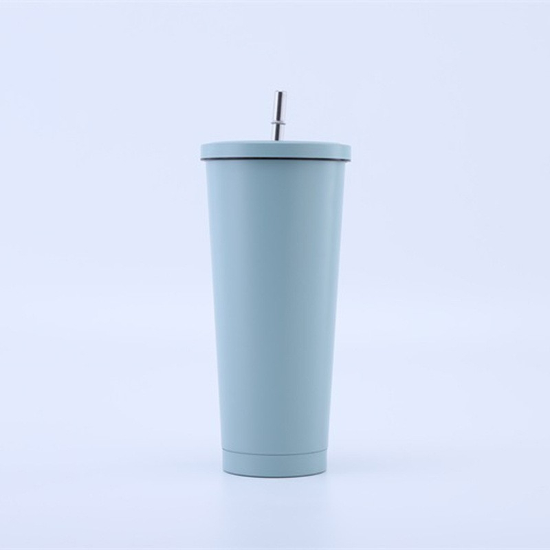(500ml) Edelstahl Thermo Kaffee Becher mit Deckel   Strohhalm - Hellblau