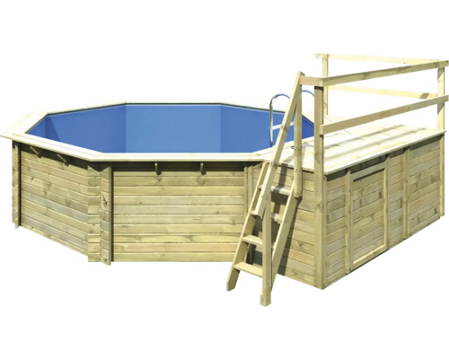 Opbouw houten zwembadset Karibu Classic 2C rond Ø 470x124 cm incl. ladder, bodembeschermvlies, zonnedek & 1 houten vleugel