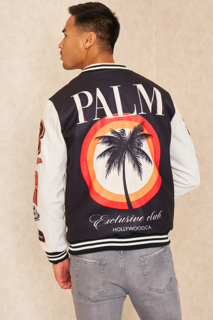 Bomber universitaire noir et blanc à logos orange