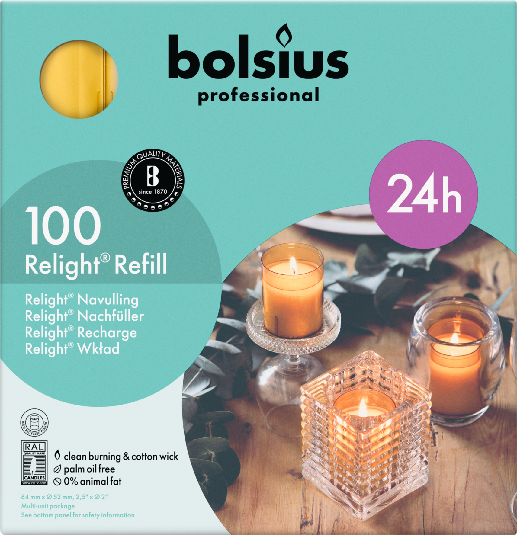 Bolsius Horeca Relight® Navullingen 64/52 Amber (100 stuks)