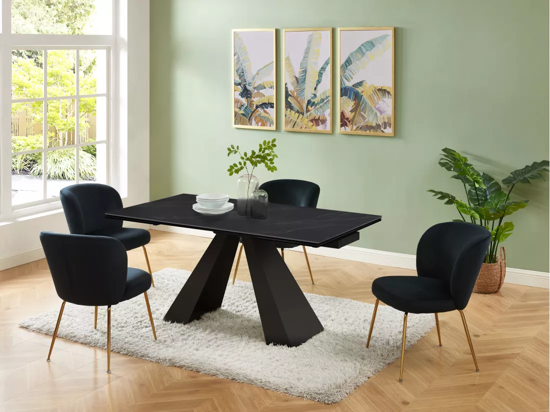 Table à manger extensible 6 à 10 personnes en verre trempé, céramique et métal - Effet marbre noir - LOZIPA de Maison Céphy