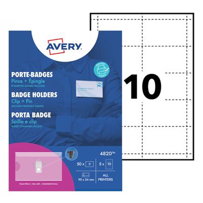 Avery - 50 Badges à pince avec épingle + 50 étiquettes imprimables - 54 x 90 mm