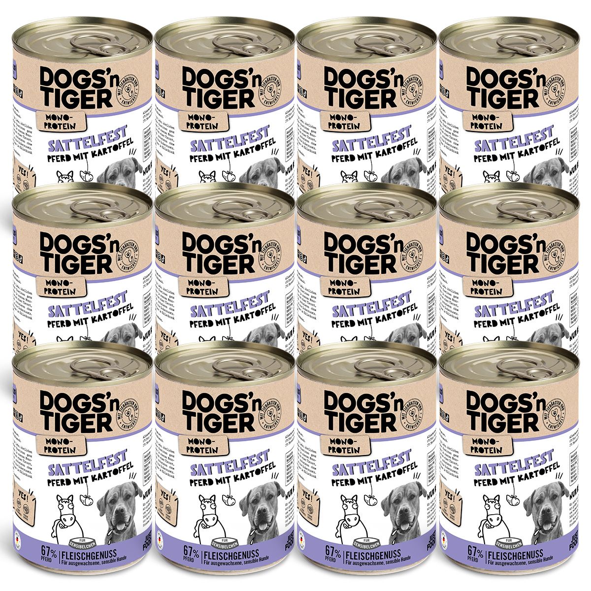 Dogs’n Tiger Adult Hundefutter, Nassfutter, Sattelfest, hypoallergen, Monoprotein, Pferd & Kartoffel