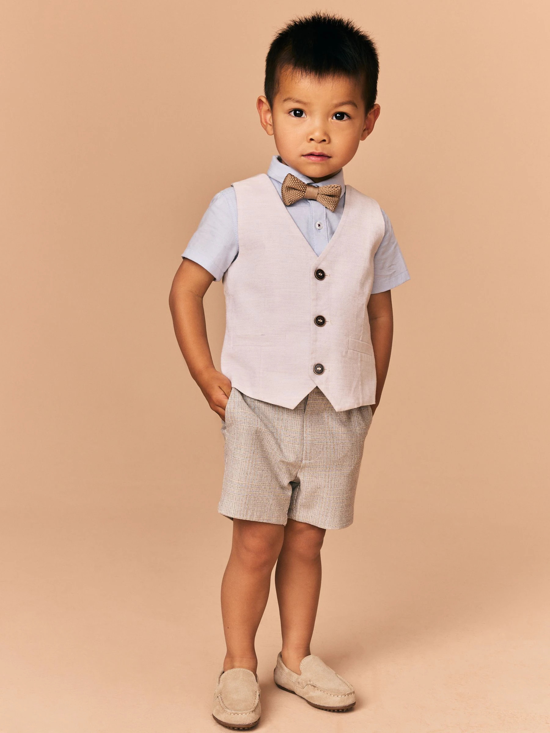 Naturel bruin - Set met gilet, overhemd, short en vlinderdas (3mnd -9jr)