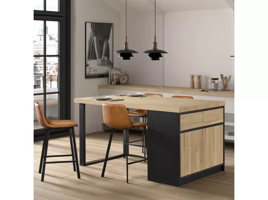 KALDARI - Ilôt de cuisine Plateau 170cm avec Rangement Aspect Bois Pieds Métal