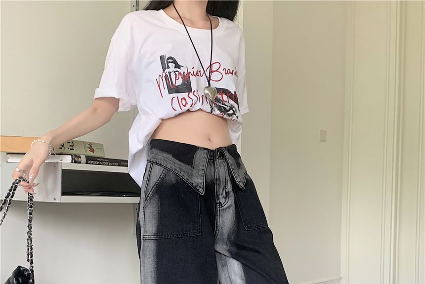 AXEN - Middelhoge taille contrasterende rand wijde pijpen jeans