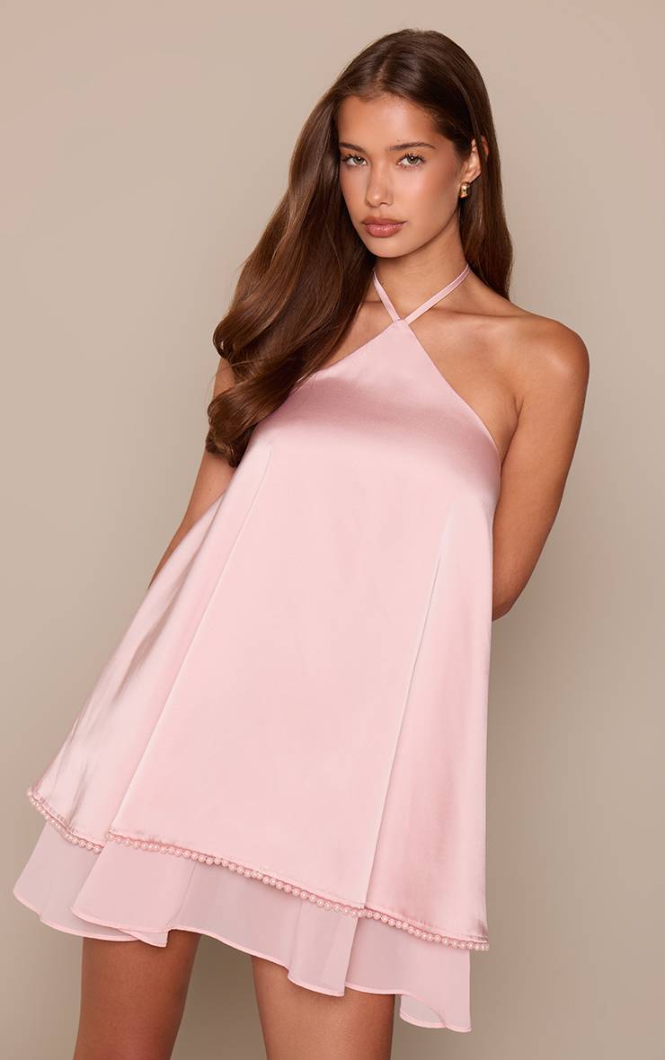 Rose Bébé Robe Mini Smockée Col Licou En Satin