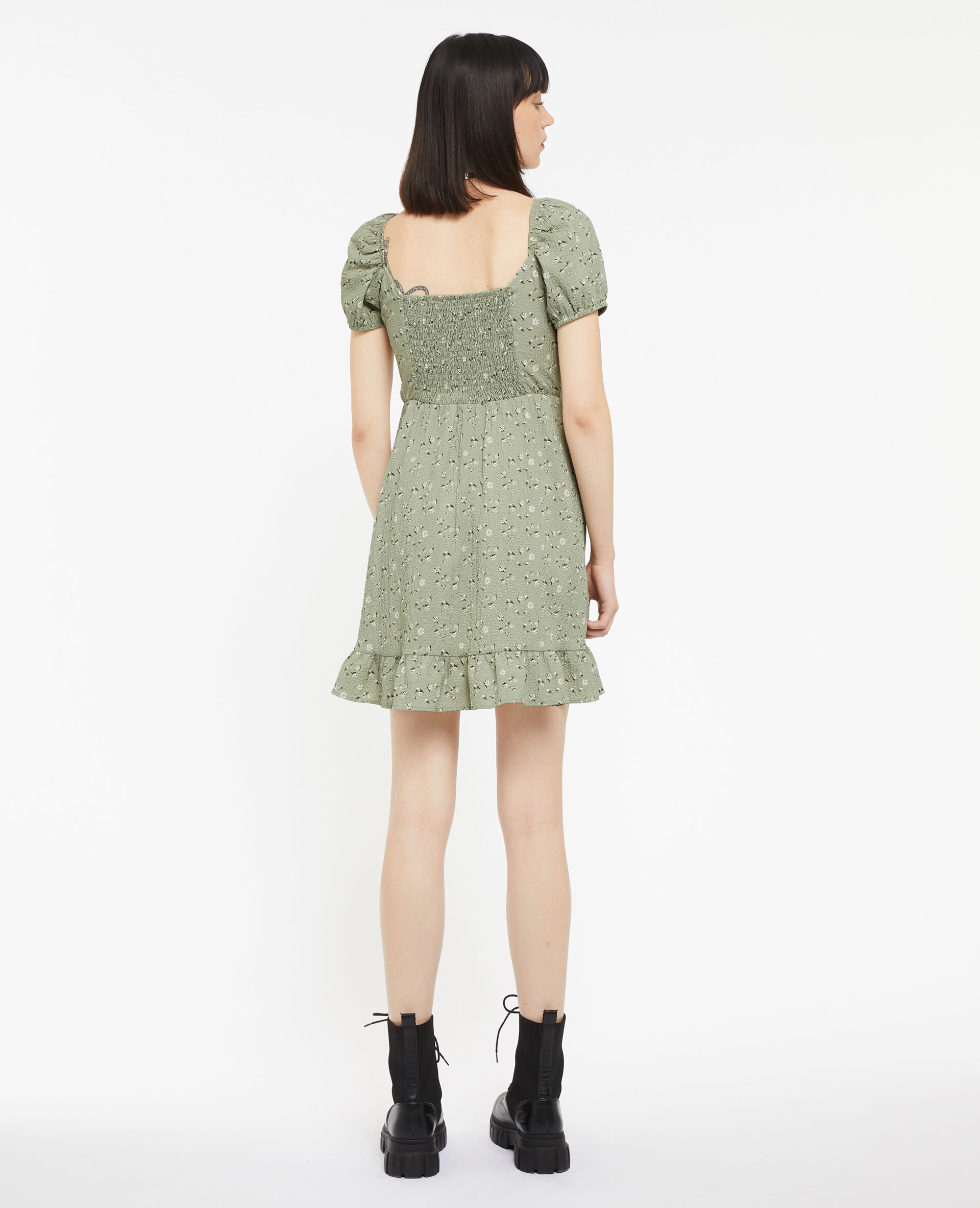 Robe courte forme empire motif fleurs - Vert kaki