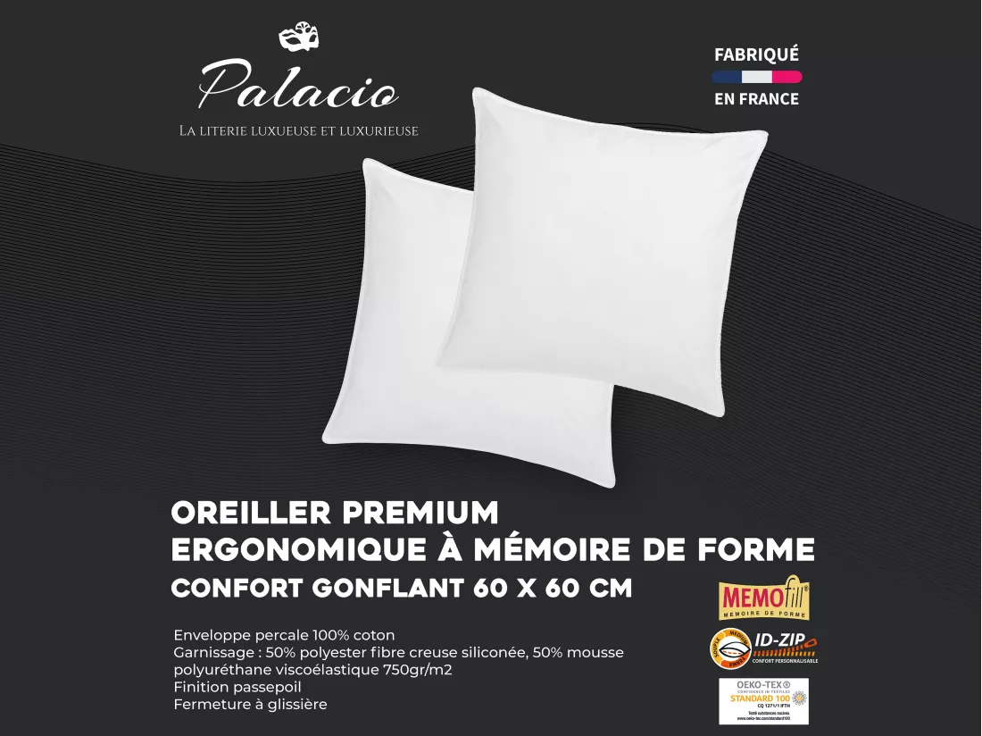 Lot de 2 oreillers mémoire de forme mémofill 60 x 60 cm - Percale de coton - 91 fils/cm² - 750 gr - Blanc - AUXENCE