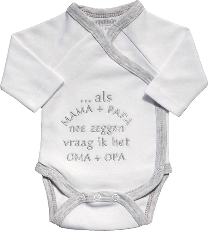 Petit Villain - Romper - Wit/Grijs - 100% Katoen - Tekst: ...als mama + papa nee zeggen vraag ik het OMA + OPA
