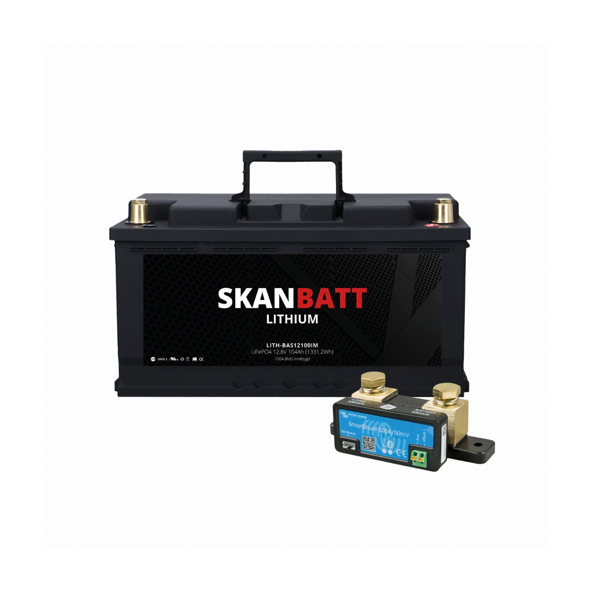 SKANBATT Lithium Batteri 12V 104AH 100A BMS (279x175x190mm) - Med Bluetooth - NYHET (kan forhåndsbestilles)