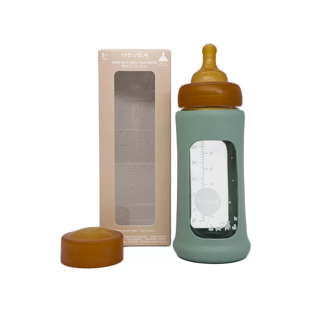 Hevea Glas Sutteflaske Wide Neck med Sleeve 250 ml, Seafoam Blue - 1 stk.