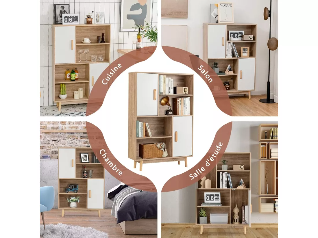 Bibliothèque, étagère à 4 niveaux avec 2 portes, meuble de rangement avec patins anti-rayures et dispositif anti-basculement (blanc+naturel)