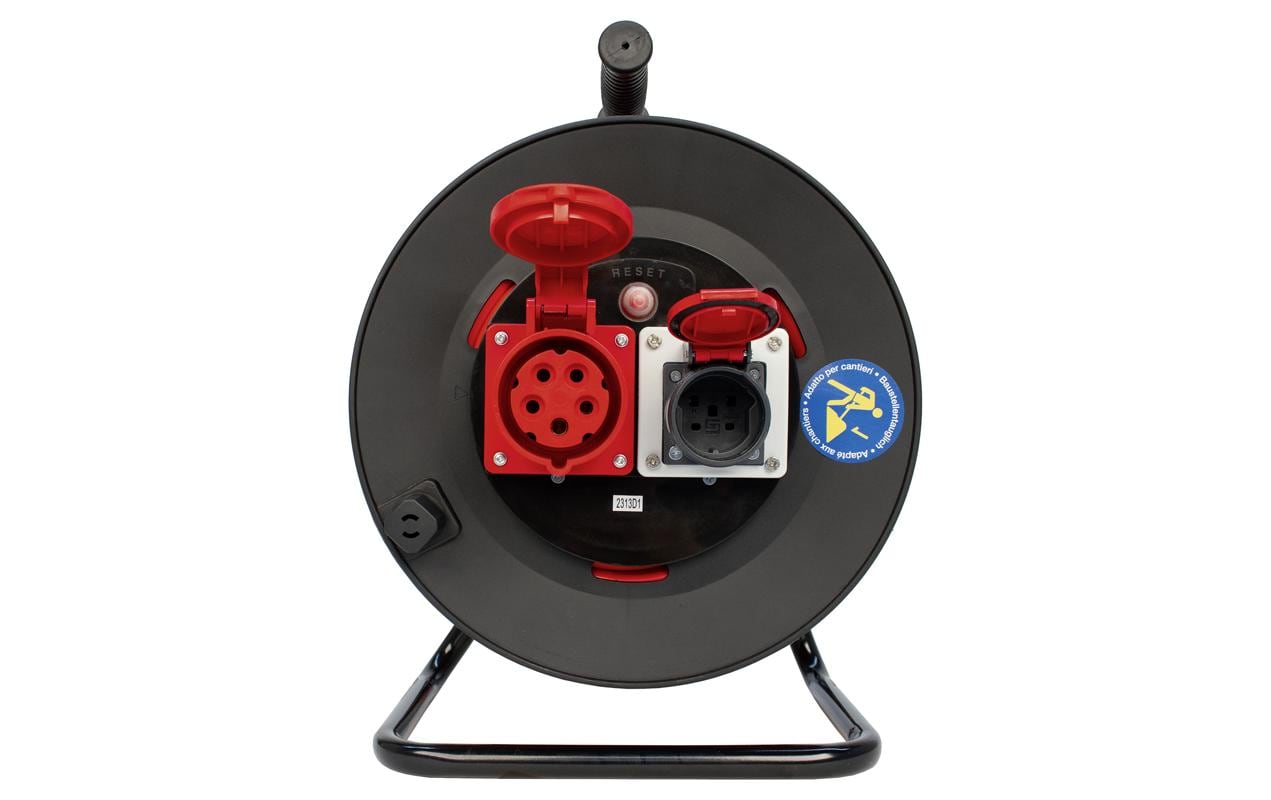 Kabelrolle GR1 33 m CEE16/5 + T25, Schwarz<br>Kunststoff Kabelrolle Gr1 mit 1x CEE16/5 + 1x T25 Steckdosen mit Deckel, Stecker CEE16/5 und 33 m langem Bauflex Kabel