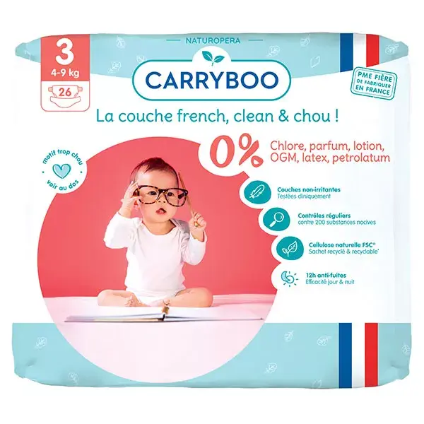 Pacote individual de fraldas Carryboo Midi T3 (4-9kg) com 26 unidades.
