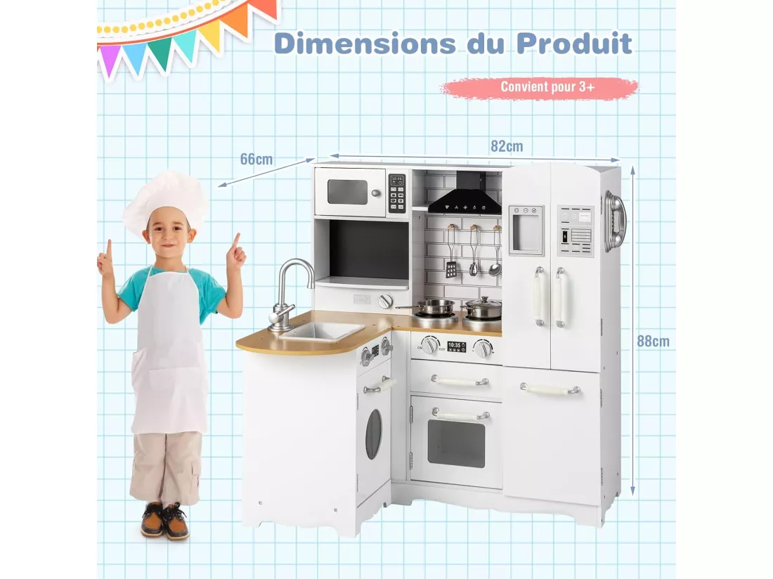 Cuisine d’Angle Enfants avec Réfrigérateur Latéral, Cuisinière de Jeu en Bois avec Machine à Laver, Téléphone Simulé, Ustensiles de Cuisine, Jouet d’Imitation pour Tout-Petits de 3 Ans+
