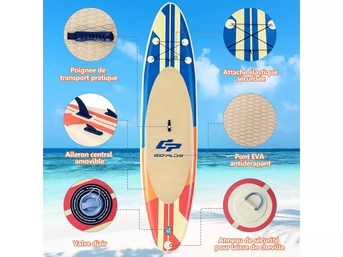 Stand Up Paddle Board Gonflable 335 CM, avec Accessoires Complets et Sac de Transport, Revêtement Antidérapant pour Pagayer, Surfer, Pêcher, Yoga Aquatique
