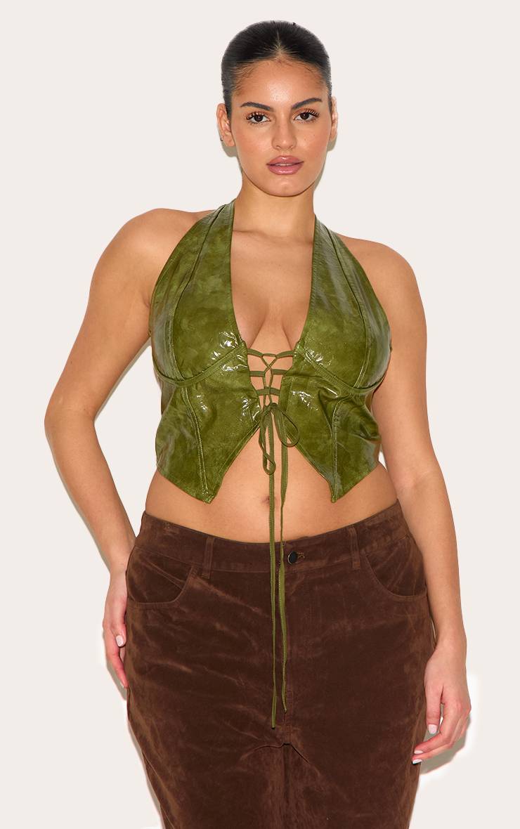 Vert Olive Haut Grande Taille Col Licou Plongeant En Synthétiquecuir Effet Délavé Avec Laçage