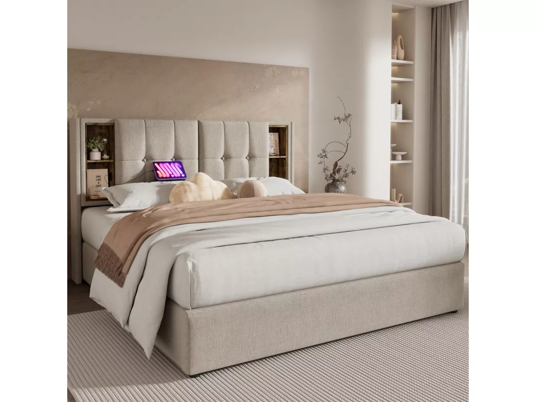 Lit adulte, cadre de lit double rembourré 180x200 cm, avec espace de rangement et recharge sans fil USB C, cadre de lit en bois et lin naturel
