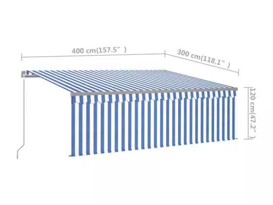 Auvent manuel rétractable avec store et LED 4x3 m Bleu et blanc