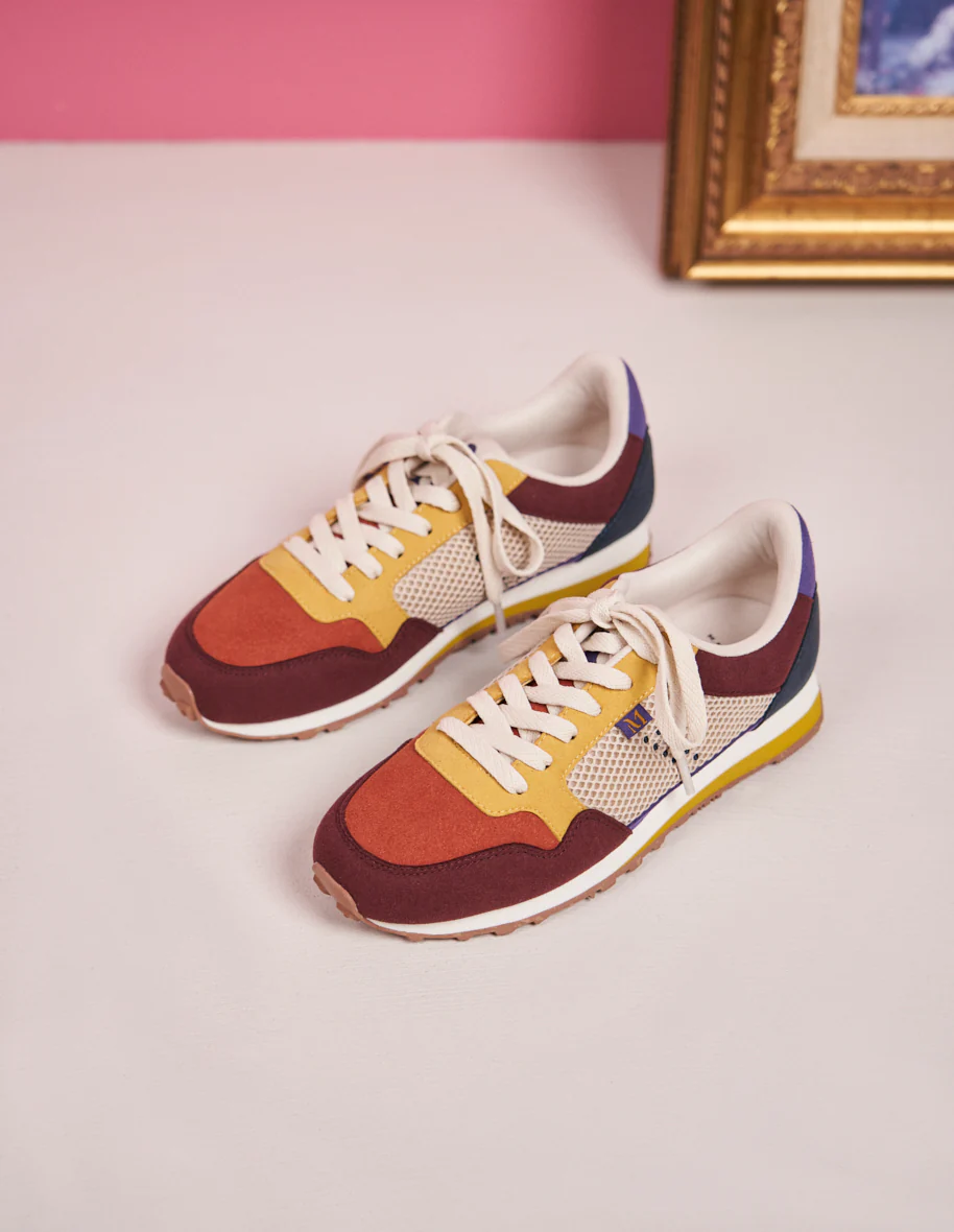Baskets basses Gabrielle - Suède vegan et mesh bordeaux brique anis
