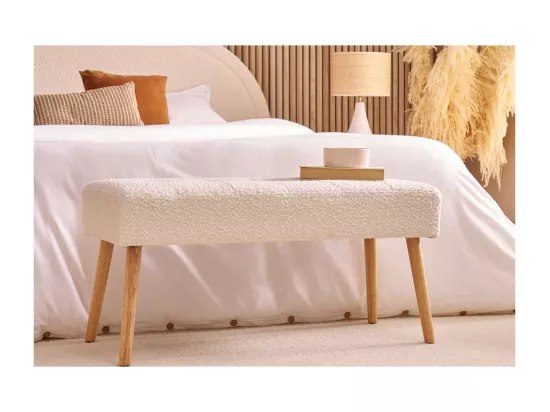 Banc scandinave capitonné en tissu effet laine bouclée blanc et bois clair L96 cm GUESTA