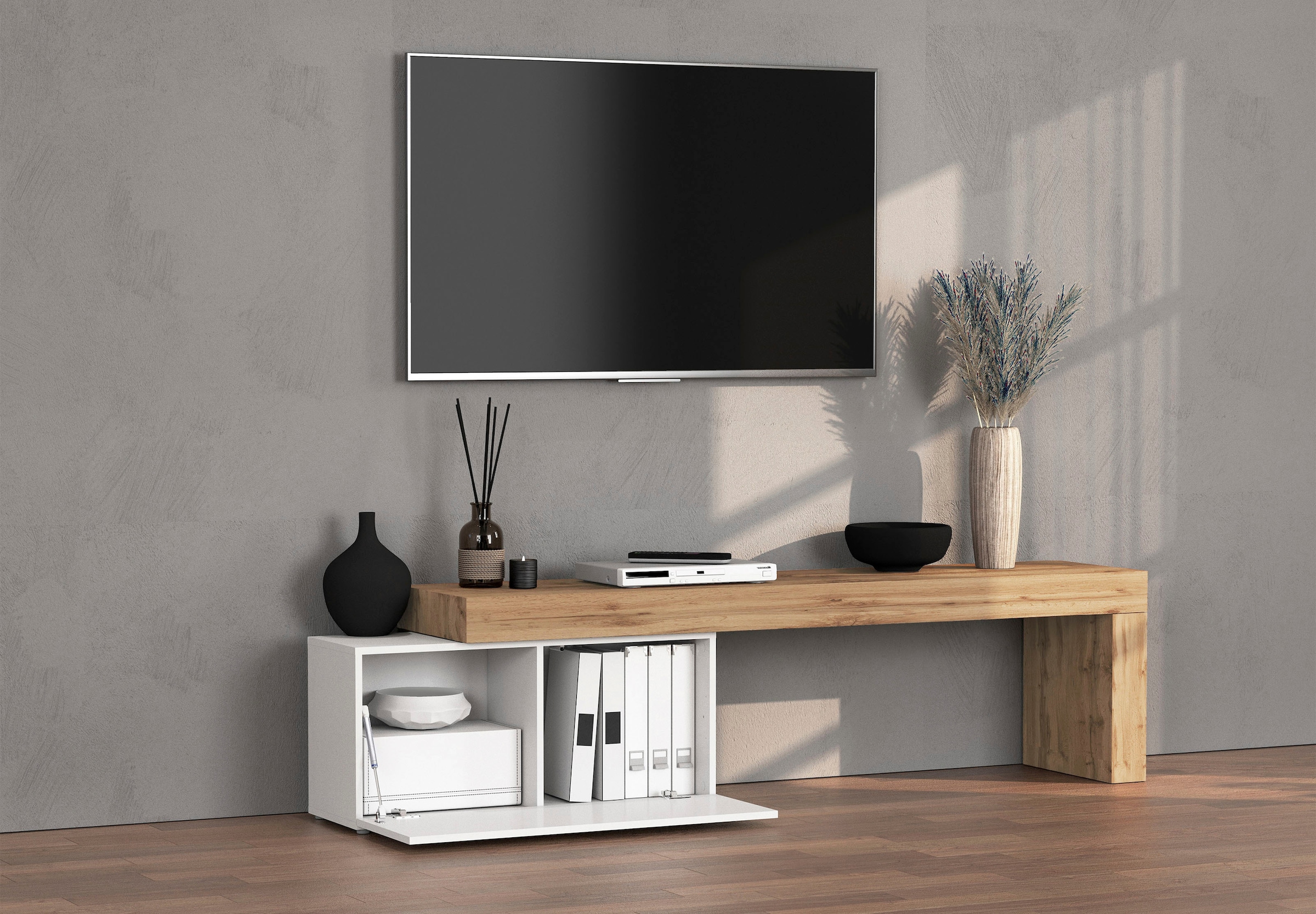 INOSIGN Lowboard »Chronos TV-Board, TV-Schrank« Breite verstellbar von 180 bis 260 cm, 1 Stk. tlg. Breite 220 cm TV-Board,Lowboard,1 Klappe und ein L-Förmiger Aufsatz