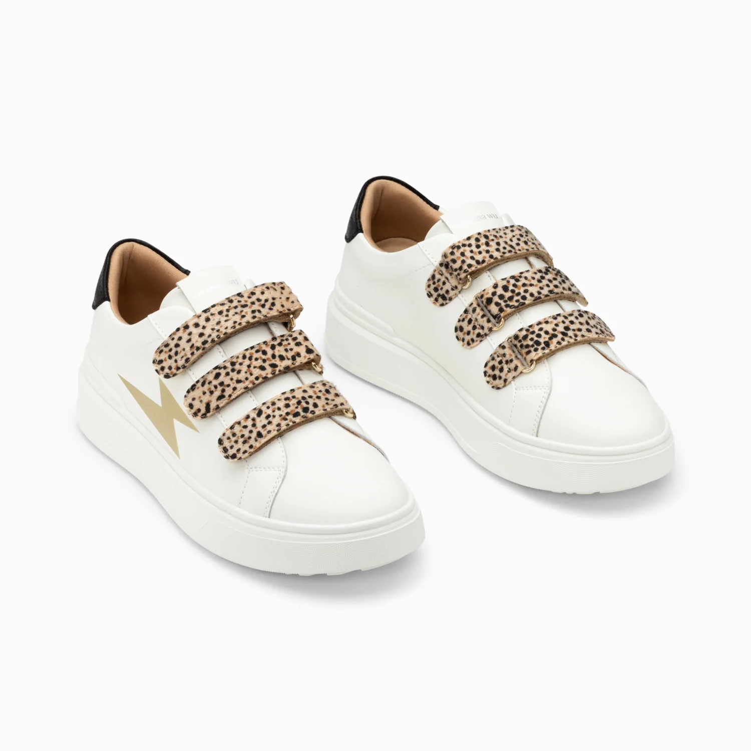 Sneakers-Baskets éclair Salomé blanc et or à scratchs guépard